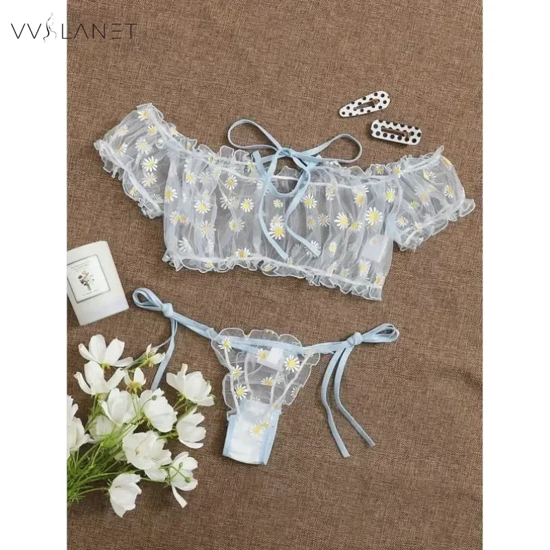 Sexy Women\'s Underwear Lace Floral Wire Free Lingerie Set Off-Shoulder Small Chest Bralette+Thong Beachwear Transparent Bra Set