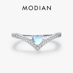 MODIAN-여성을 위한 정품 925 스털링 실버 절묘한 화살표 손가락 반지, 하트 러브 문 스톤 밴드 파인 쥬얼리 Anel