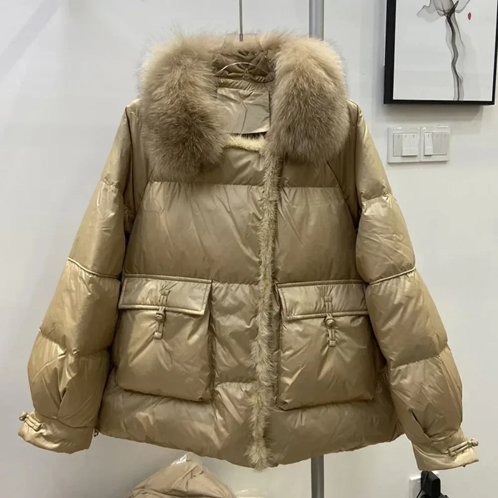 2024 Fashion White Duck Down Jacket Real Mink Fur Coat Women Autumn Winter Natural Feather Luxury Outerwear Loose Streetwear