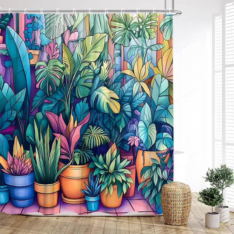 

Tropical Leaves Shower Curtains Colourful Bonsai Monstera Leaf Watercolour Plants Bath Curtain Fabric Bathroom Decor With Hooks