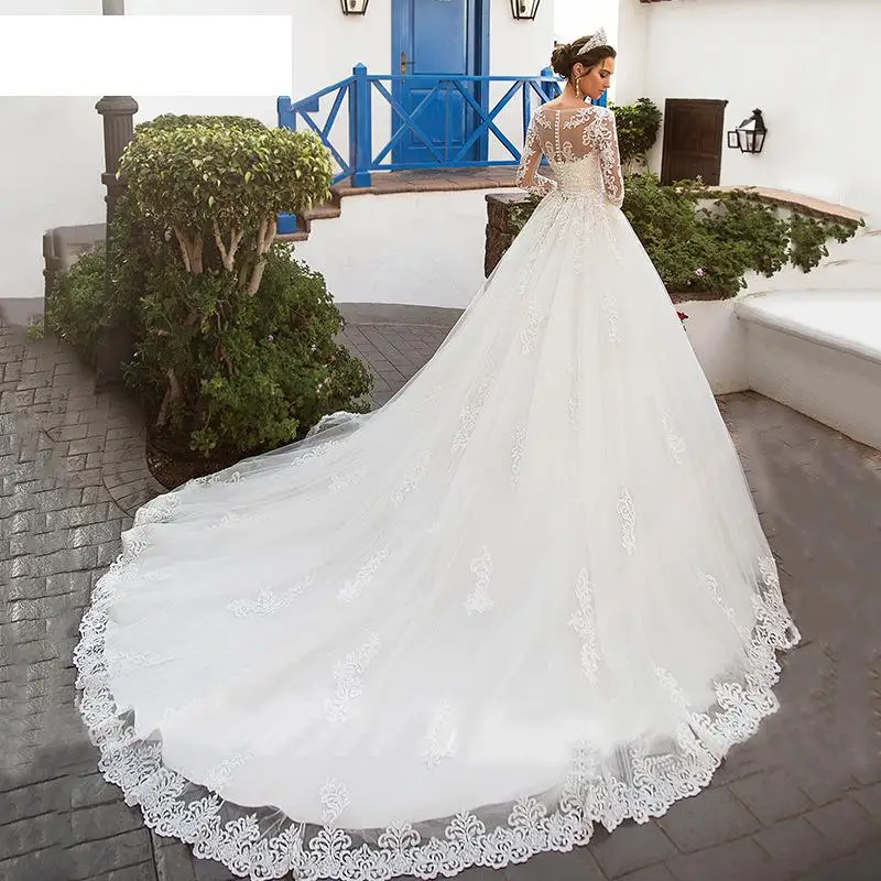 Abiti da sposa Abito da festa a maniche lunghe Classico strascico con bottoni sul retro Abito da ballo Abito da sposa lucido personalizzato