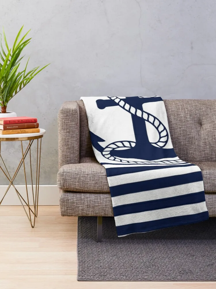 Nautical Navy Blue Stripes and Blue Anchor Throw Blanket comfort recieving blankets thermal blankets for travel moving blanket