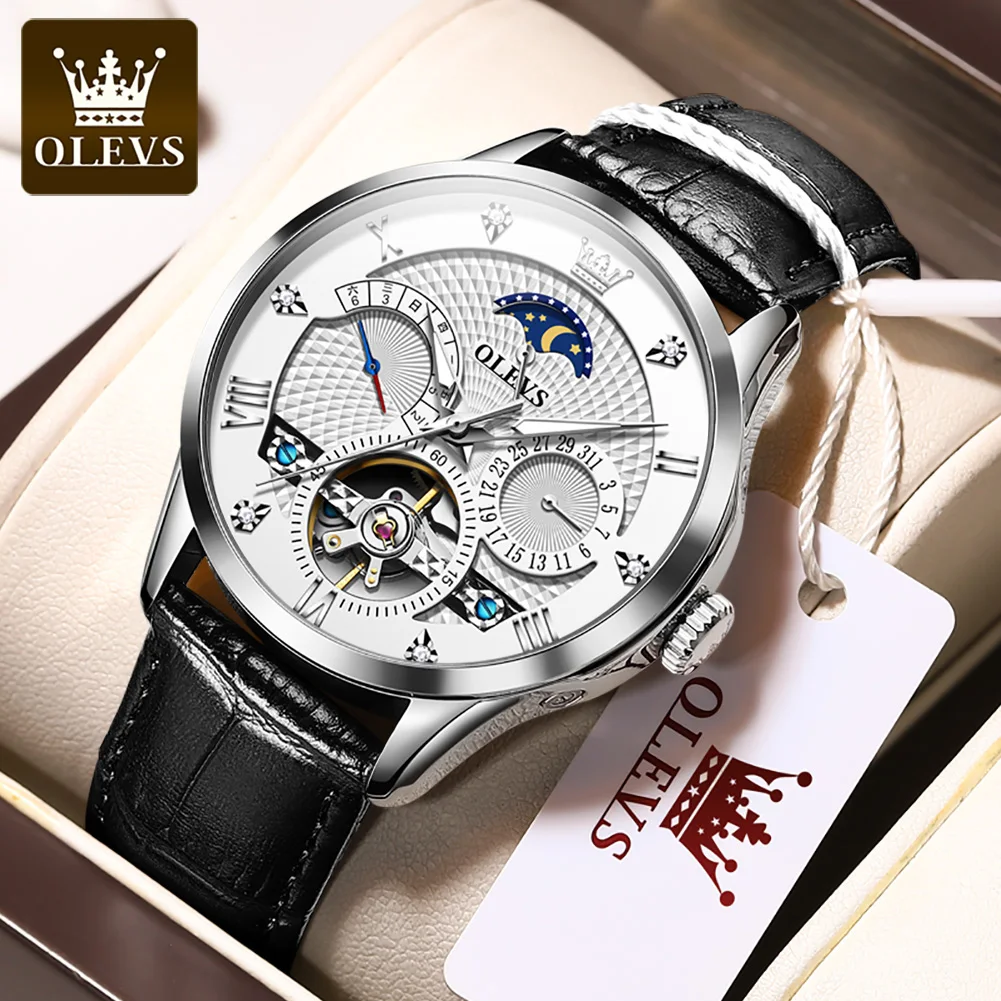 OLEVS Original Men's Watches Business Luminous Waterproof Automatic Mechanical Watch Hollow Out Leather strap Calendar Week