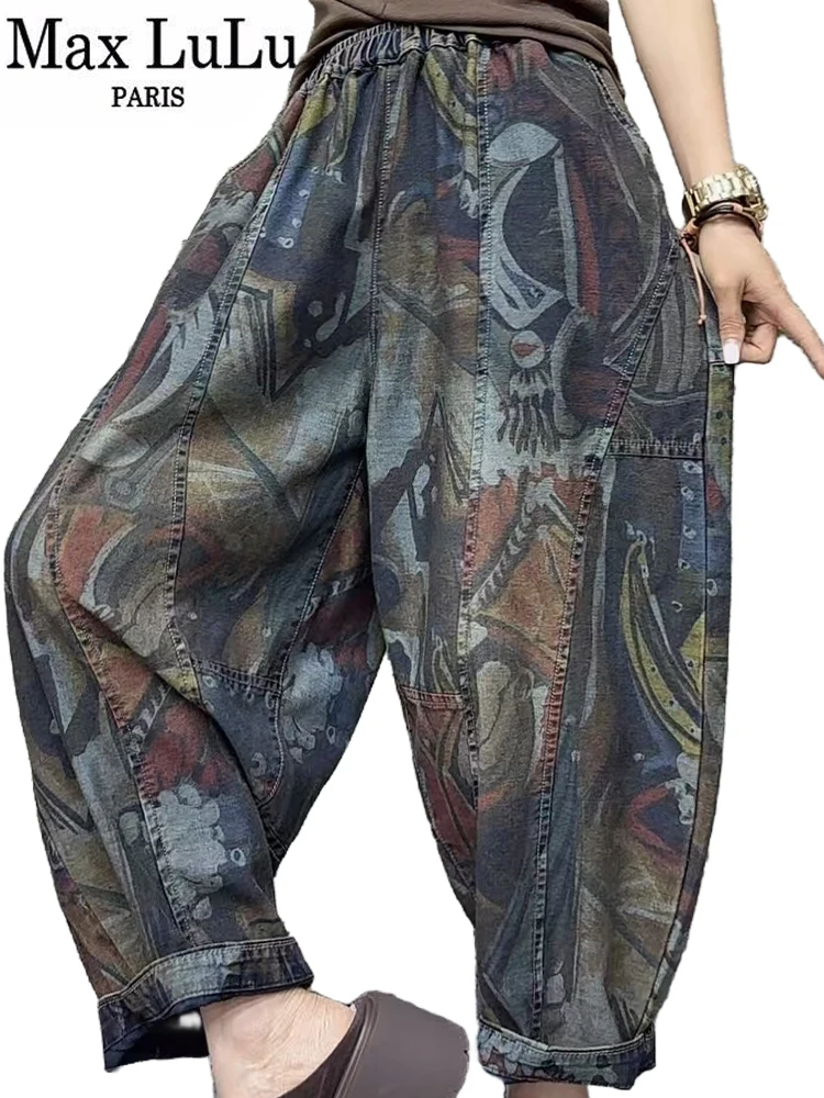 Max LuLu Design Loose 2025 Fashion Printed Vintage Womens Spring Denim Pants Patchwork Jeans Ladies Classic Casual Wide Trousers