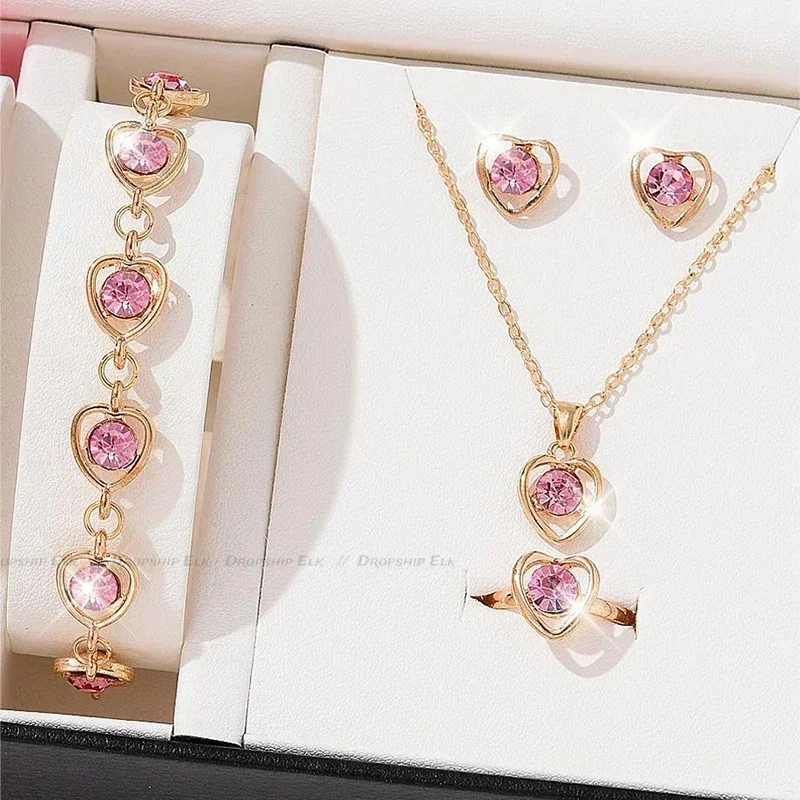 5PCS Set Fashion Elegance Rhinestone Double Heart Gold-Color Heart Shaped Jewelry Set Ring Earrings Necklace For Women Jewelry
