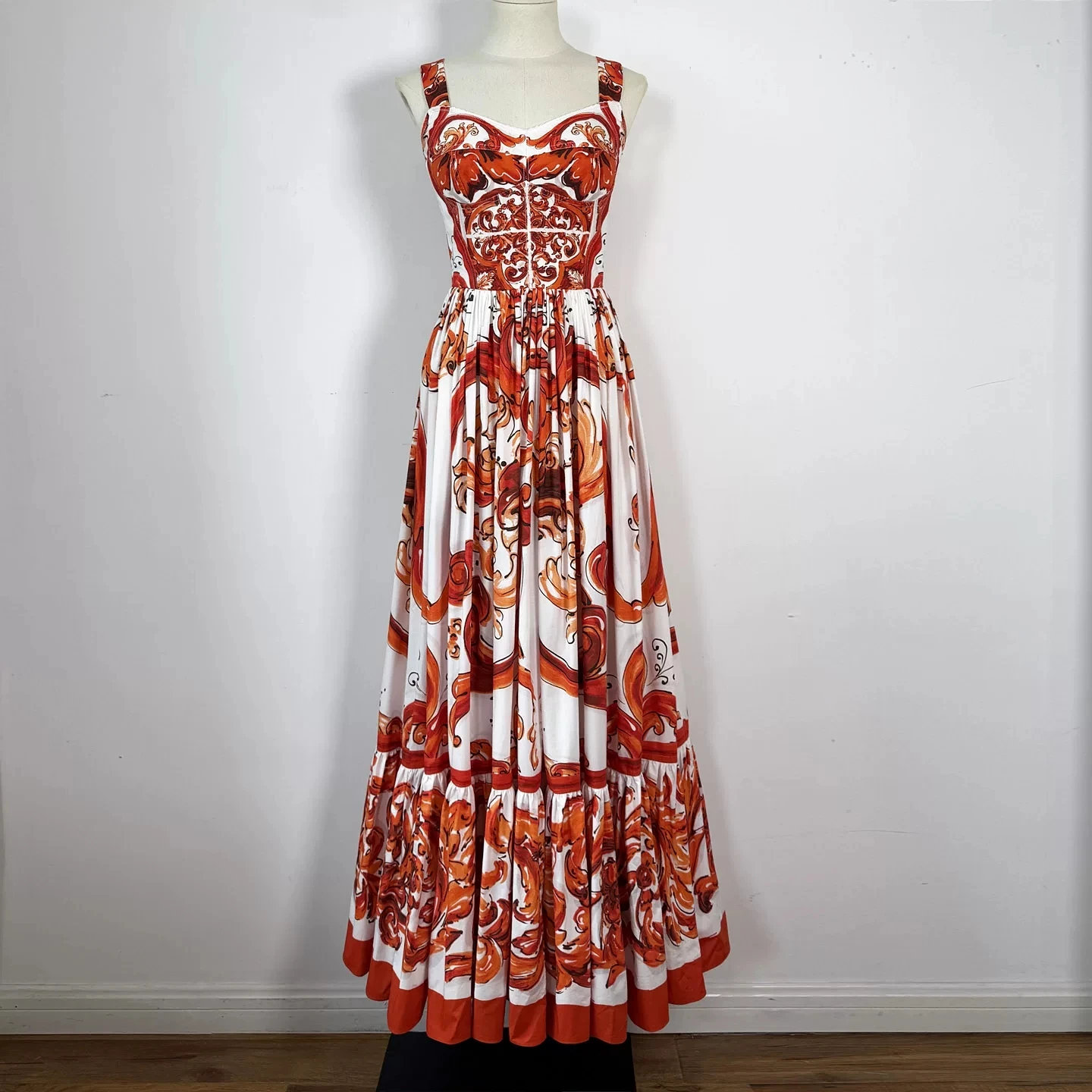 Luxuriöses Barockes Blumenmuster Spaghetti-Träger Langes Kleid Damen V-Ausschnitt Hohe Taille Rüschensaum Sommer Urlaub Party Sommerkleid
