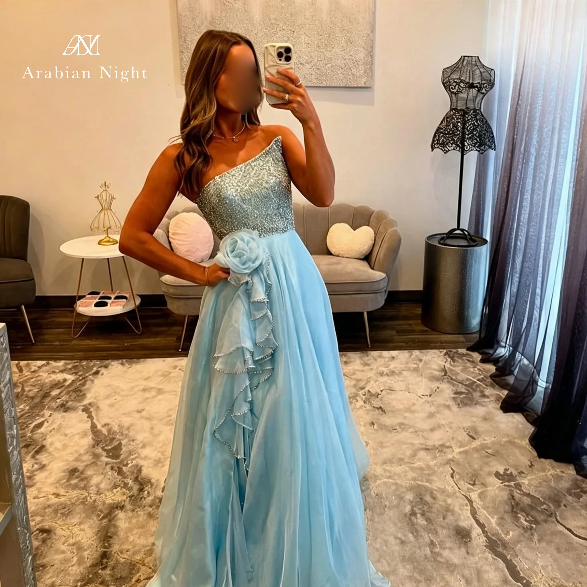 Arabian Night Blue Chiffon Evening Dresses with Beads Embellished A-line High Split Strapless Formal Prom Dress for Women