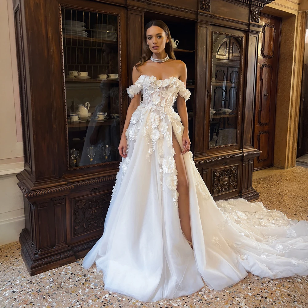 تخصيص أنيقة خارج الكتف فستان الزفاف 3D زهرة منمق تول فستان الزفاف الشق العالي لمظهر الزفاف الفاخر #1
