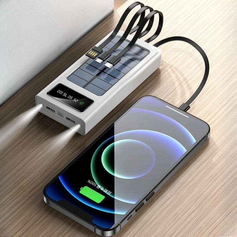 

30000 мАч Солнечная батарея со встроенными кабелями Conveniente USB-порты для быстрой зарядки Зарядное устройство Powerbank для Iphone Xiaomi со светодиодной подсветкой