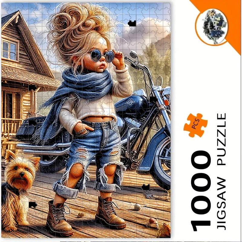 1000 Stück oder 500 Stück großes Puzzle für Erwachsene – Vintage-Bauernhausmädchen mit modischer Brille, Motorrad, Hund und rustikaler Hütte
