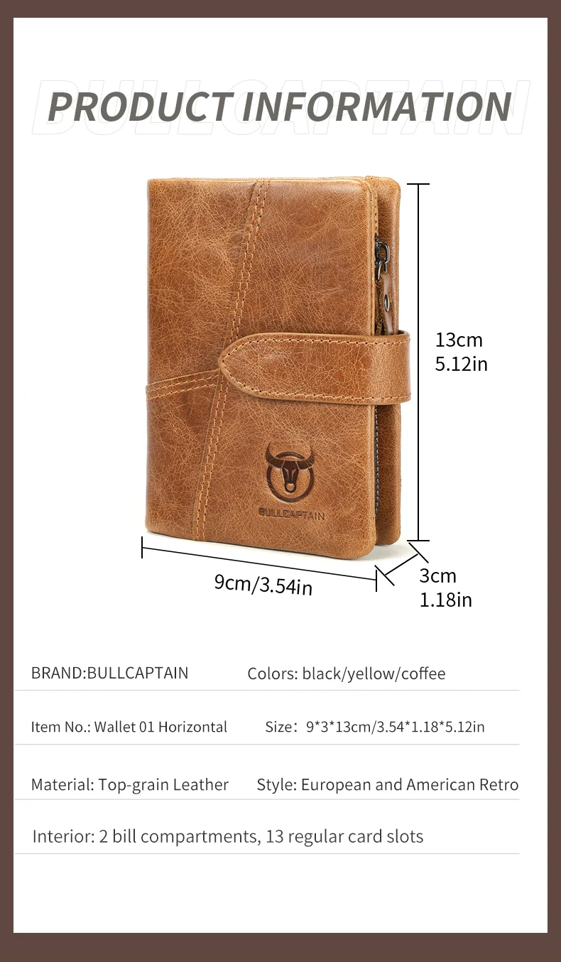 BULLCAPTAIN Echtleder Herren-Geldbörse RFID-Blockierung Vintage Bifold Kurze Geldbörse Rindsleder Kreditkartenhalter mit Münzfach – Detail 7
