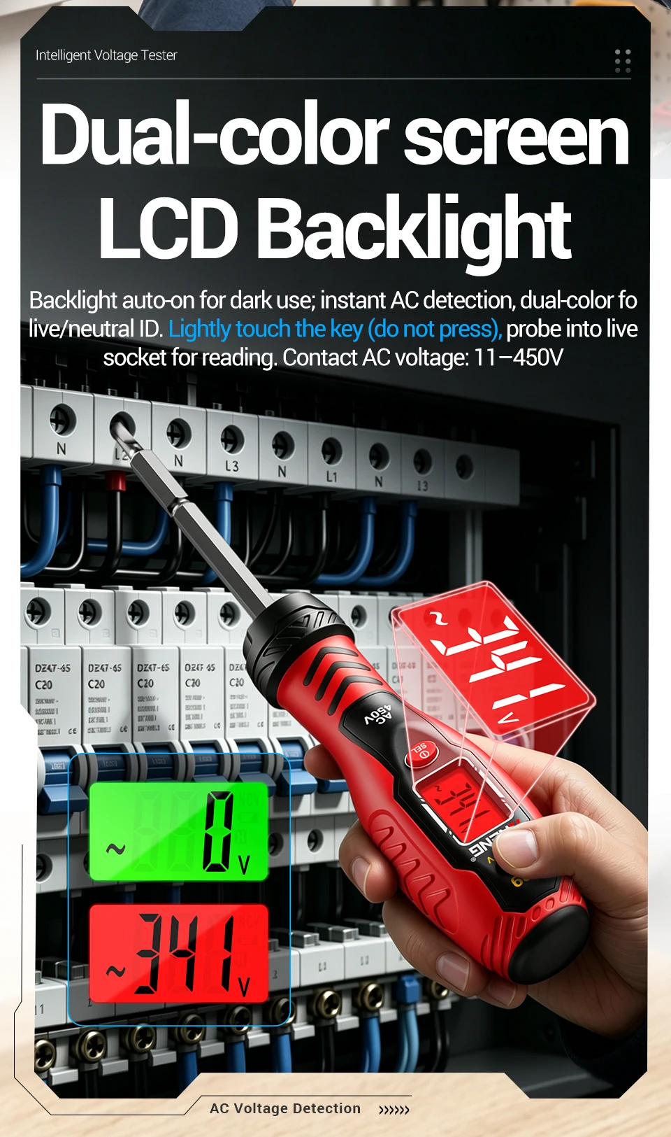 Digitaler Spannungsprüfer-Stift Schraubendreher Berührungslos 450V AC Spannung LED-Licht Doppelschraubendreher Reparatur-Detektor-Werkzeug ANENG B29 – Detail 7