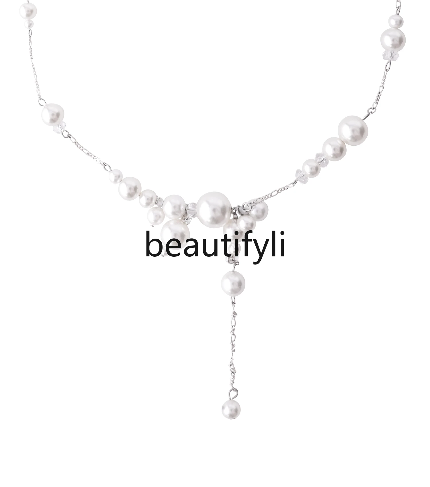 Original pearl fringed necklace sterling silver chain gradual change beaded long necklace gift