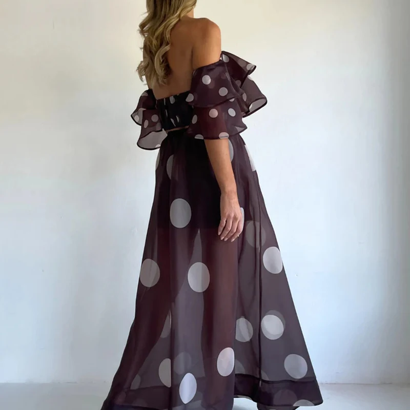 Women's short sleeved long skirt 2-piece set sexy off shoulder top and skirt set fashionable party printed holiday skirt set view 4