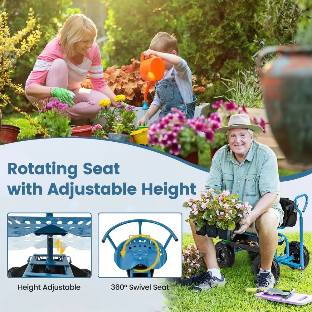 Garden Seat with Wheels, Rolling Gardening Stool with Adjustable 360 Swivel Seat, Tool Tray amp Storage Basket, Extendable Hand