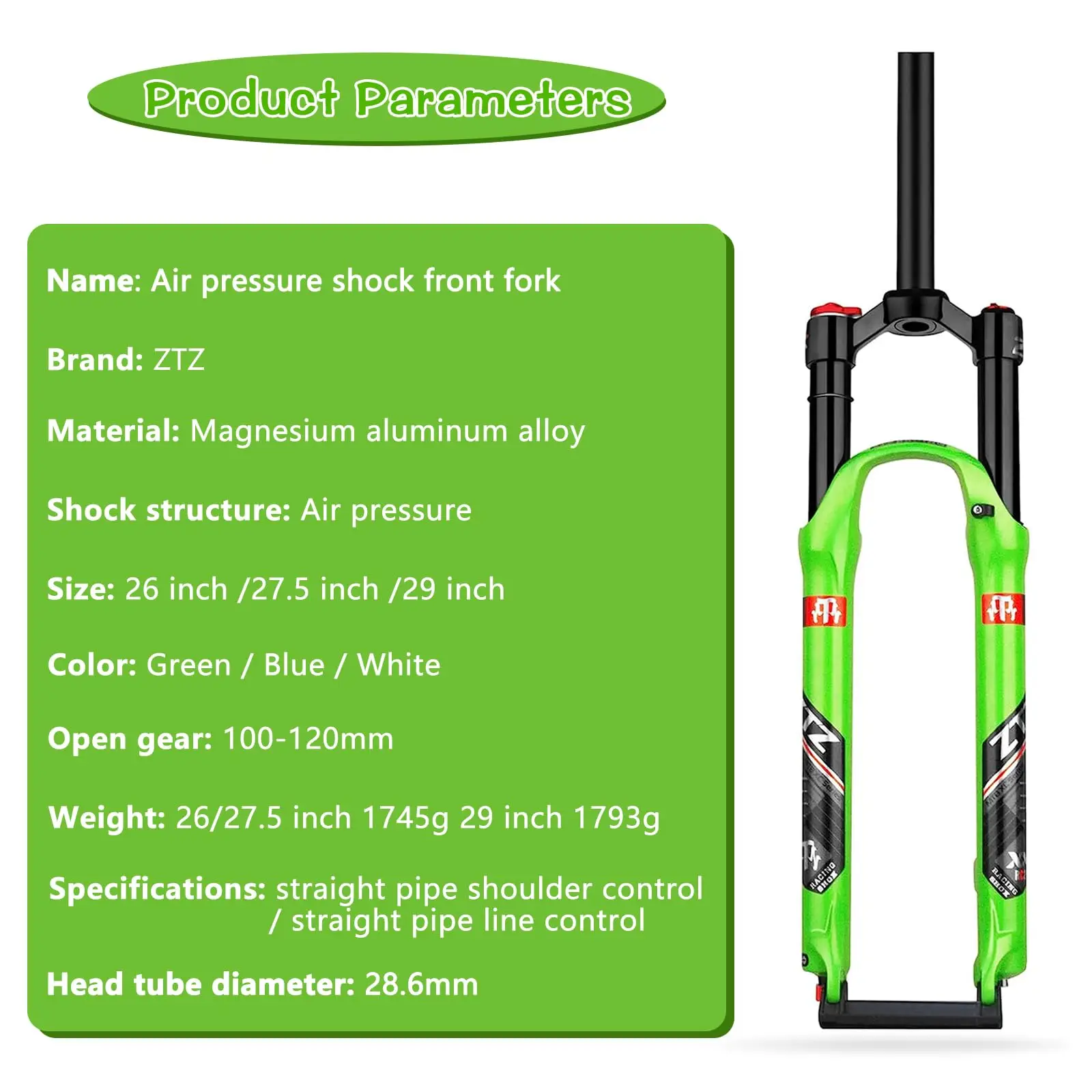 ZTZ-Fourche à suspension pneumatique VTT, VTT, Déplacement 26/27mm, Rebound Sister, QR 9mm, Verrouillage manuel, AM, 5/29 po, 120 po