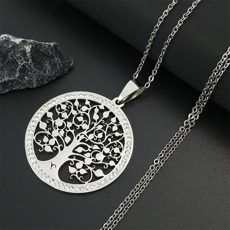 Tree of Life Crystal Stainless Steel Statement Necklace Women Silver Color Necklace Jewelry Christmas Gift collar mujer N49S03