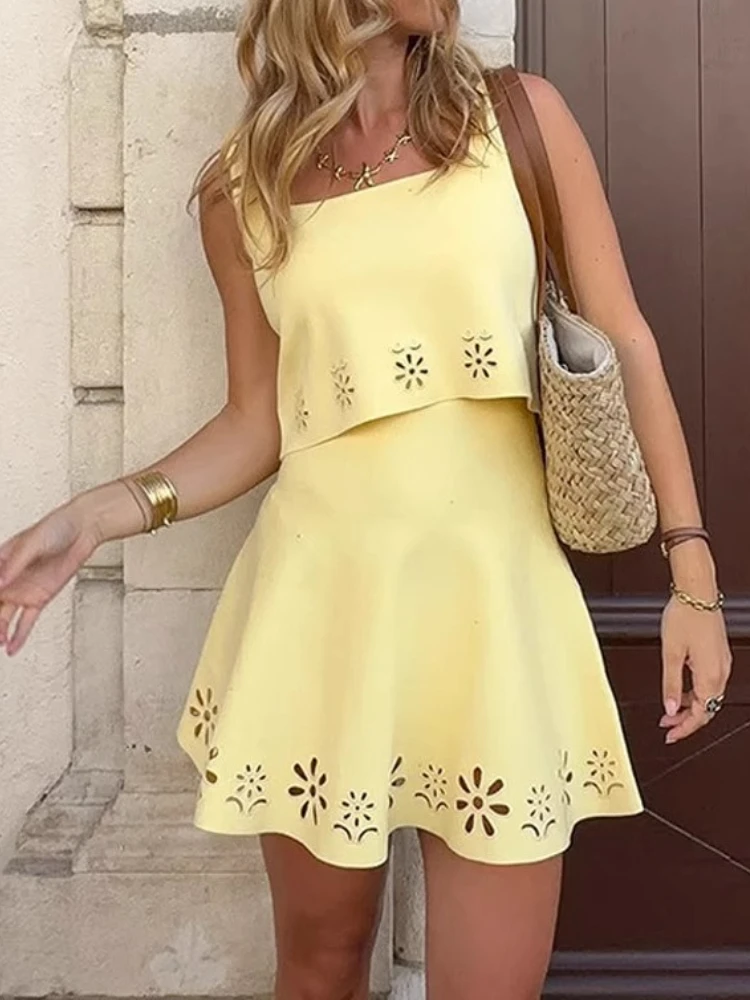 2025 European-style Summer New Pure-color Open-front Camisole Top with Waist Cinching and Half-length Skirt Set for Women