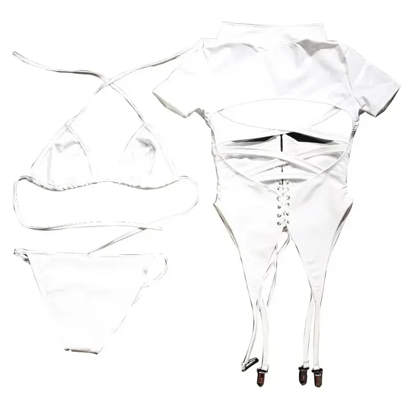 섹시한 여성용 속이 비치는 흰색 PU 가죽 유니폼 스트랩온 코스프레 의상 애니메이션 코스프레 의상 파티복 간호사 란제리 파자마