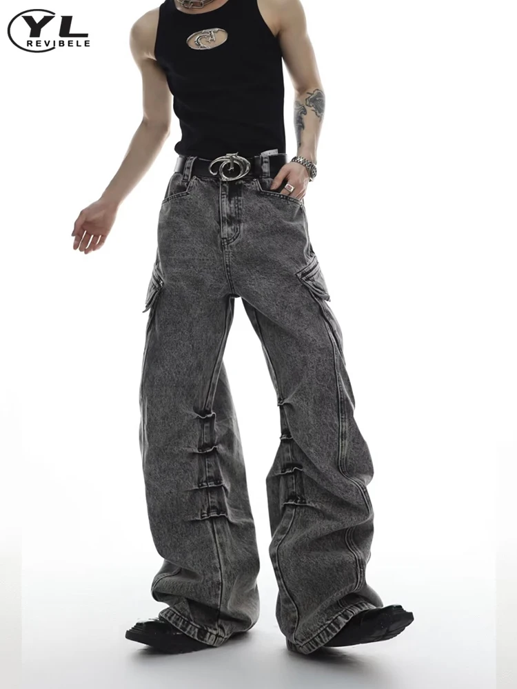 Zware Industrie Gewassen Jeans Mannen High Street Hiphop Baggy Grote Zak Rechte Denim Broek Vintage Gothic Fold Wijde Pijpen Broek