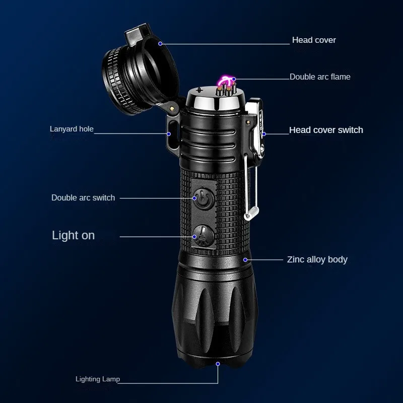 Artefatto da campeggio all\'aperto illuminazione multifunzionale accendino a doppio arco in metallo USB ricaricabile torcia luminosa artefatto