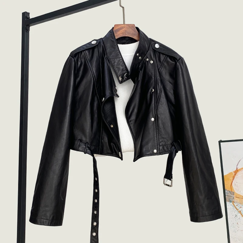 Giacche in vera pelle da donna 2025 New Fashion Colletto alla coreana Giacca stile moto allentata Cappotti corti in pelle di pecora a vita alta femminile