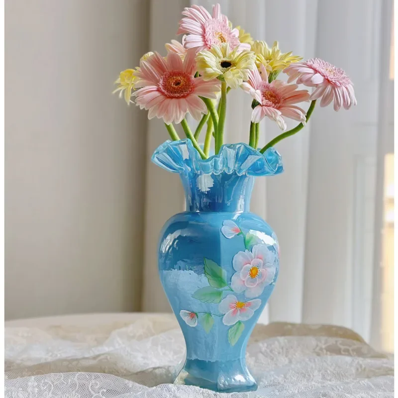 

Ins High Beauty Flower Bottle Blue Hand Painted Glass Vase Relief Texture Plant Vases Living Room Dining Table Home Decoration