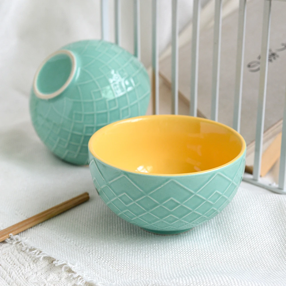 

Керамическая чаша с ромбовидным рельефным узором, яркая круглая тарелка для супа, богемный стиль, минималистичный дизайн, керамическая посуда, миска для риса, домашняя посуда