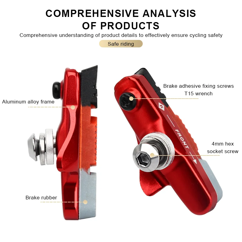 RIDERACE Bicycle Brake pads For Rim C Brake CNC Bike Braking V-Brake Holder Shoes Rubber Block Durable Road Cycling Accessories