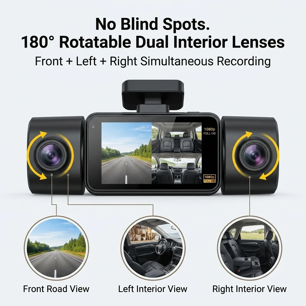 Dash Cam Front Rear and Inside 3 Channel WiFi 1080P HD Night Vision Loop Recording Reversing Image 140° Wide Angle