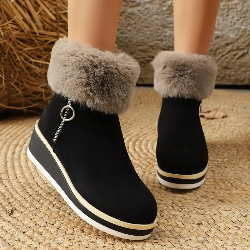 

Fashion Fluffy Fur Wedge Heel Suede Ankle Boots Women 2025 Winter Warm Plush Side Zip Snow Boots Woman's Designer Short Booties