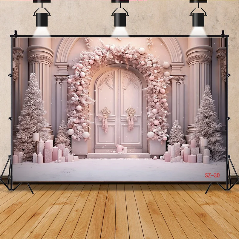 

Traditional Christmas Background Decorations And Garland Arch Pink Balls Winter Snowy Outdoor Photography Backdrops Props SZ-86