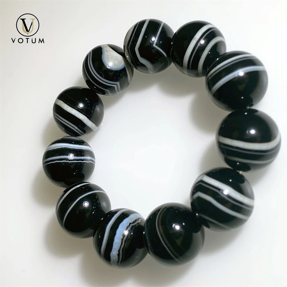 Votum Natural 18m Big Size Black White Striped Banded Agate Onyx Beaded Bracelet for Men Wrist Bracelets Reiki Stone Jewelry