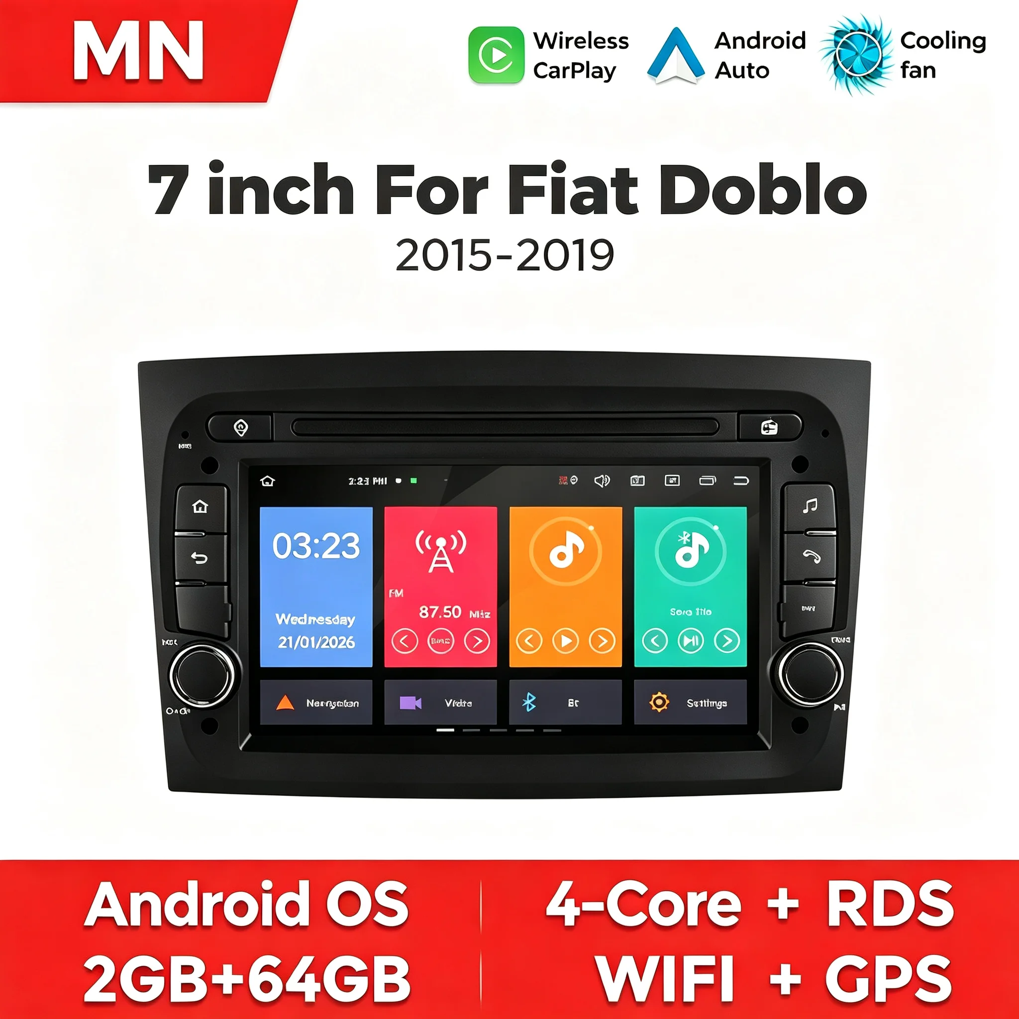 NaviFly 2+64GB MN Android 15 Multimedia Player For 7 Inch Fiat Doblo 2015‑2019 Wireless CarPlay BT GPS WIFI Car Radio Receiver