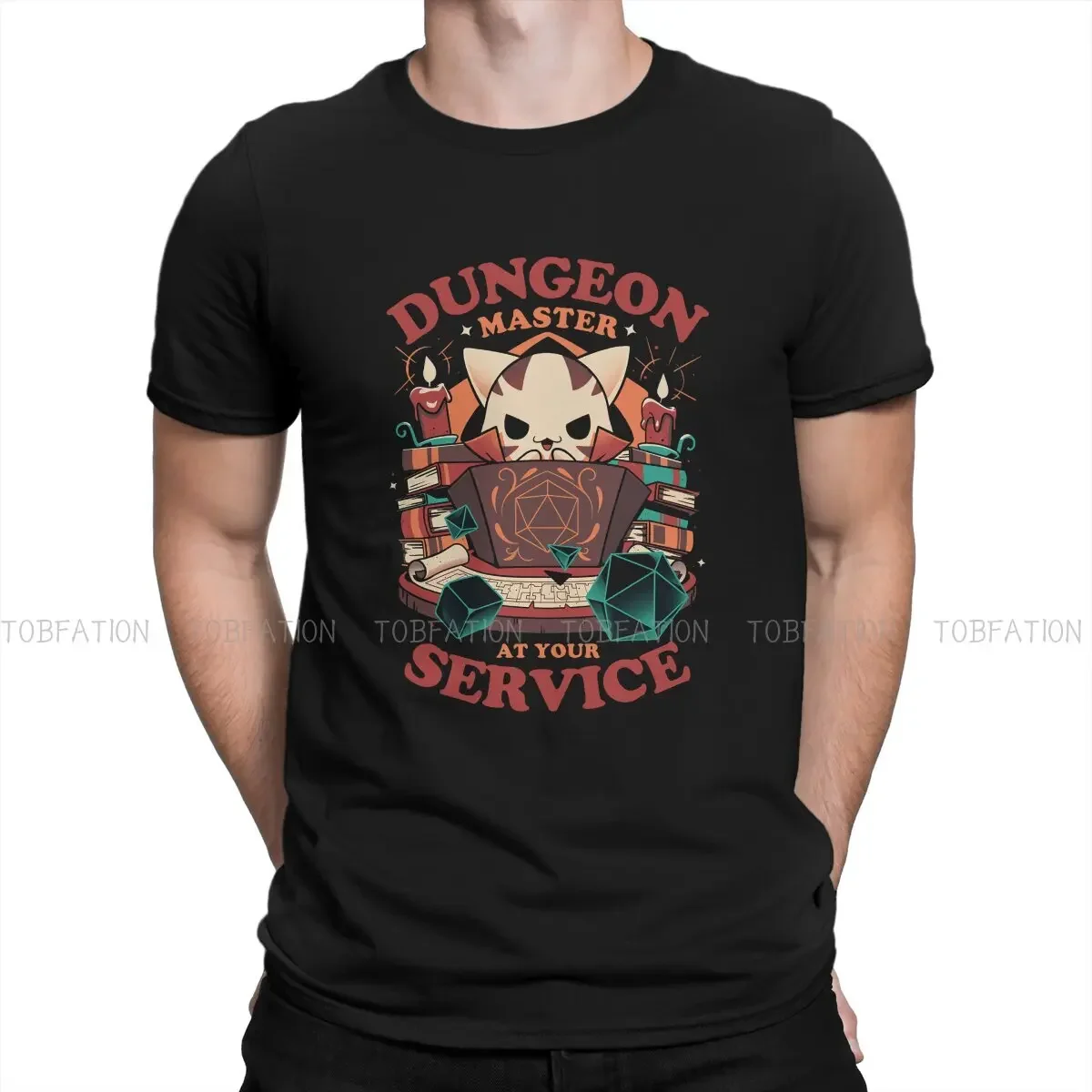 

Dungeon Master At Your Service Cat Graphic Tee Men's Short Sleeve Cotton Crew Neck T-Shirt