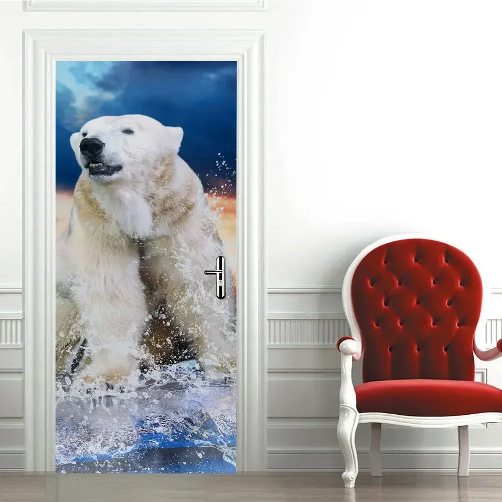 White Polar Bear Door Sticker Lovely Animal Wallpaper Decal Removable Self-adhesive Mural Poster Home Bedroom Living Room Decor3