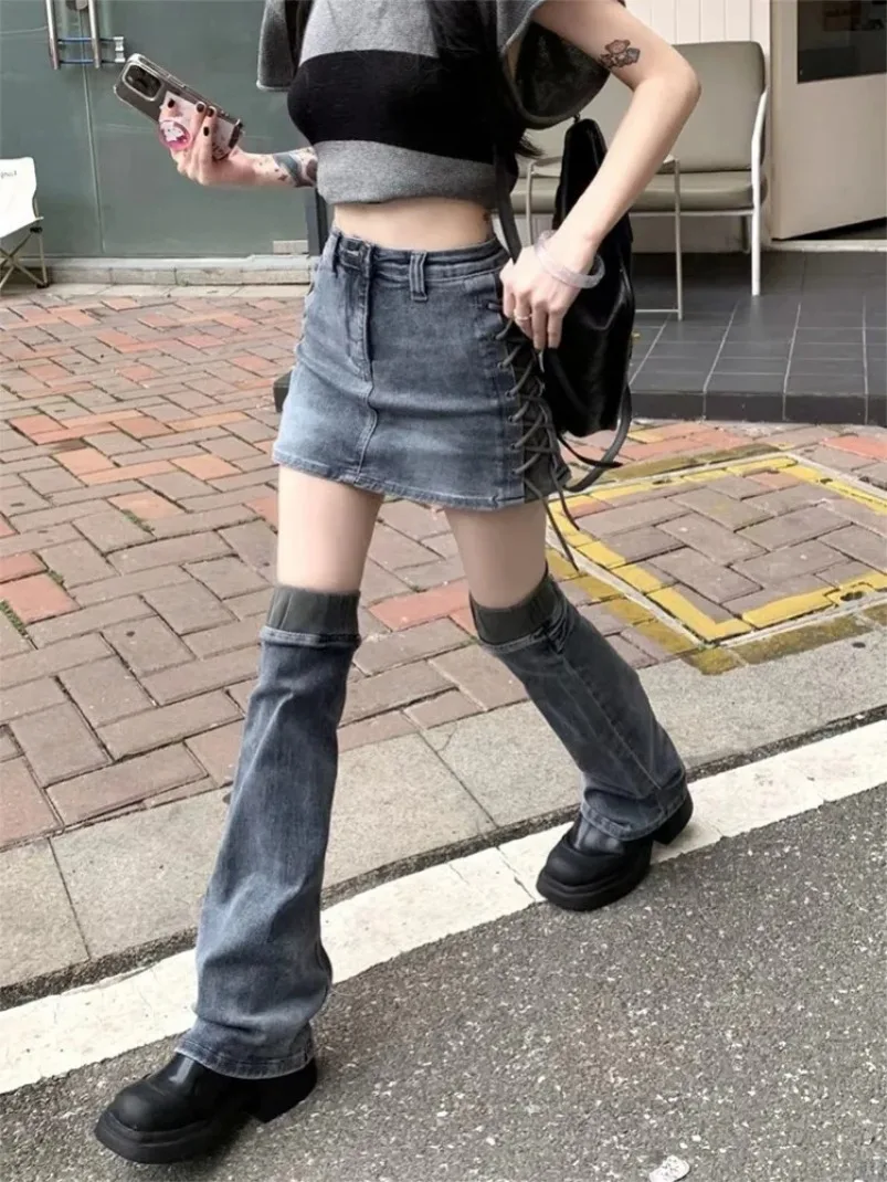 

Design Y2k Denim Patchwork Gothic Set Women Lace-up Short Skirt + Leg Warmer Jeans High Waist Elastic New Casual Two Piece Sets