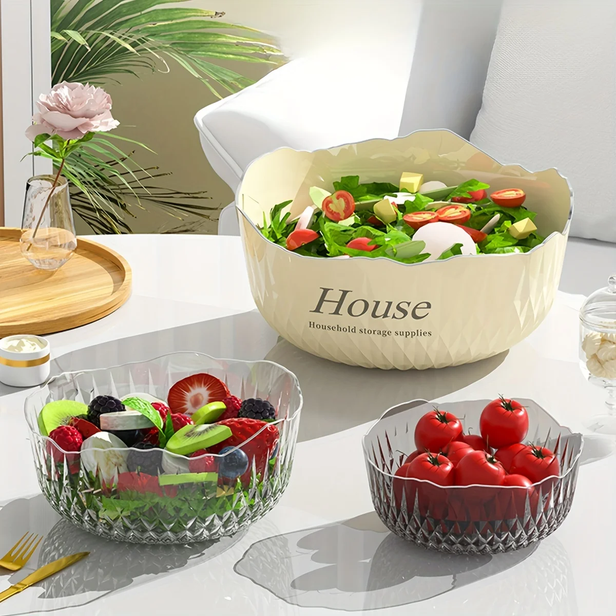 3PCS Large Capacity Bowl Set Tableware Fruit salad Dessert bowl Family Iiving room Kitchen Dinner Dishes Dreakfast Bowl