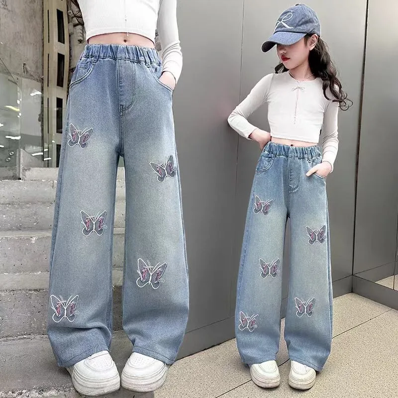 

Джинсы для девочек, прямые широкие детские школьные брюки на весну/осень, модная детская джинсовая одежда свободного кроя