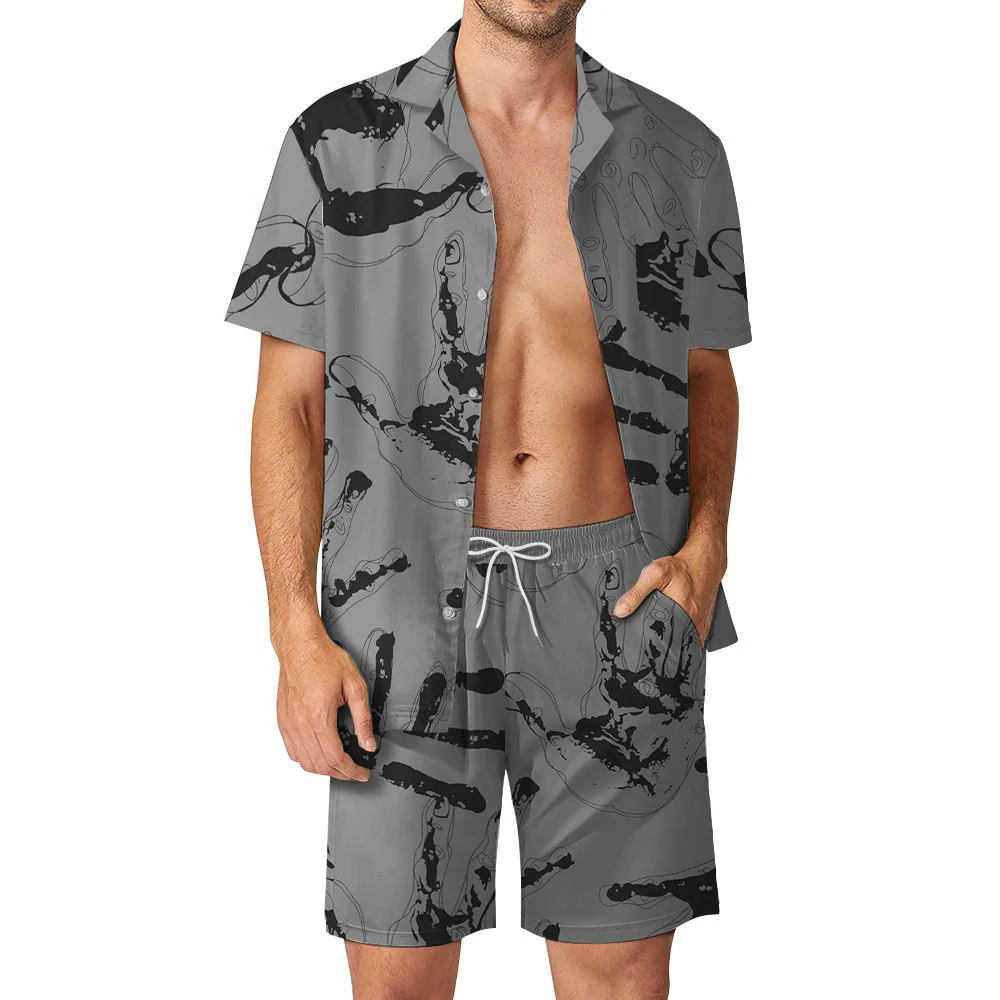 Luxurious and handsome men\'s Hawaiian beach set, short sleeved shirt and shorts, casual summer vacation travel set