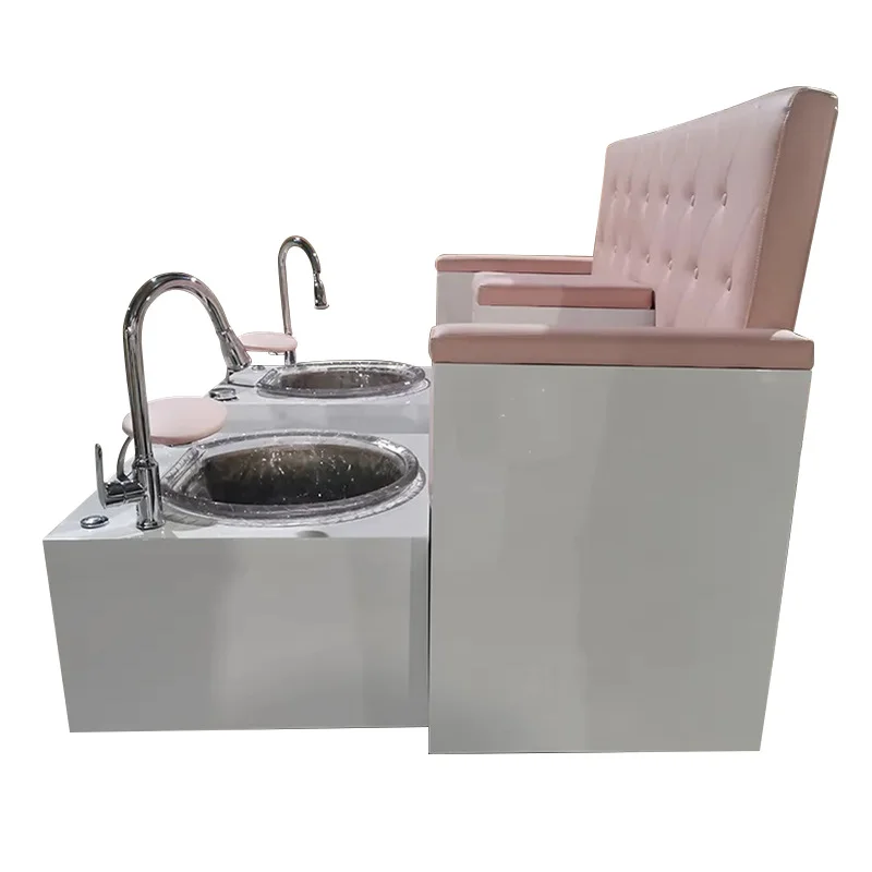 Double pink Pedicure Chair With Two Basins and Shower for Couples With Storage Compartment in the Middle