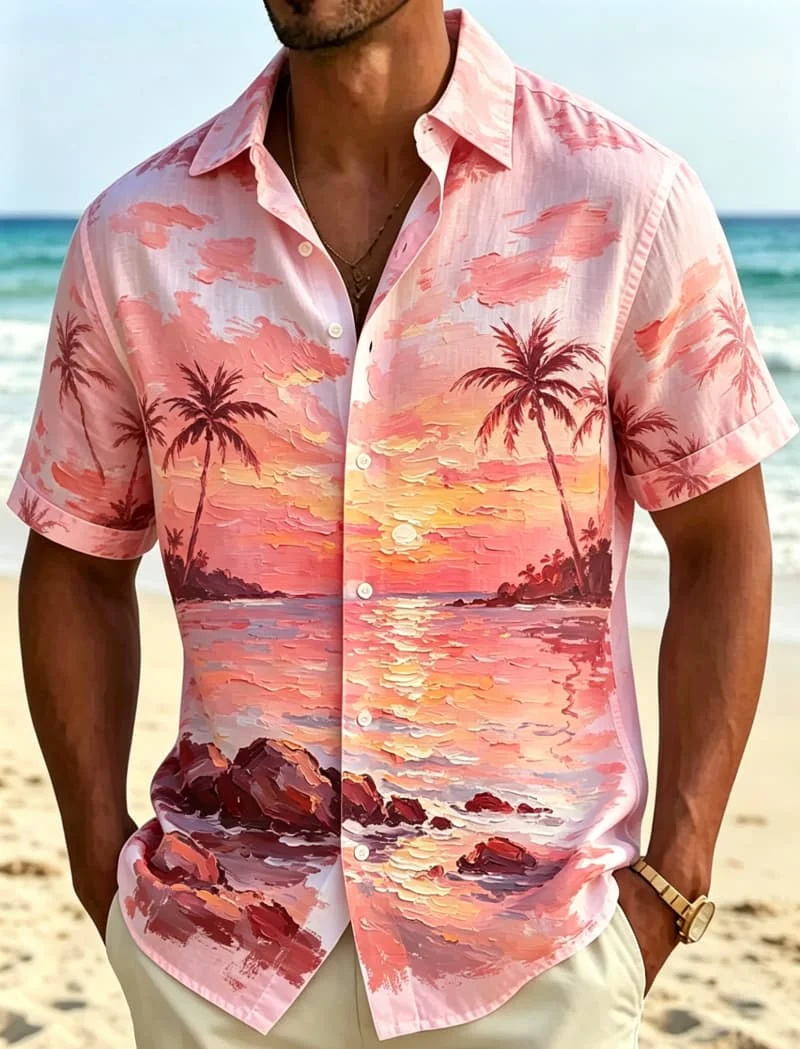 Men's Impressionist Tropical Landscape Print Hawaiian Shirt, Breathable Casual Top for Summer Vacation and Daily Wear