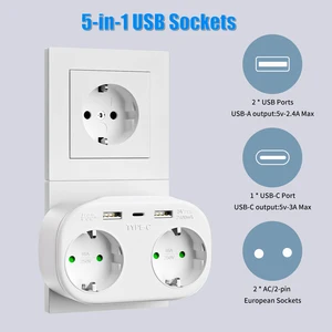 Tomada USB EU Tomada Elétrica Conversor, Double Plug Schuko, Alemanha DE Placa de Parede Padrão, Adaptador de Energia Europeu, Branco 8 principais vendas fonte chaveada dupla - №7