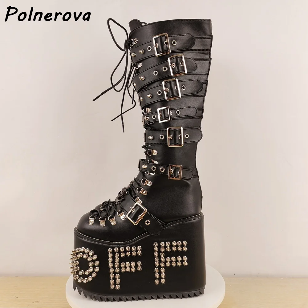 Rivet Thick Soled Leather Long Boots Platform Thick Soled  display picture 3