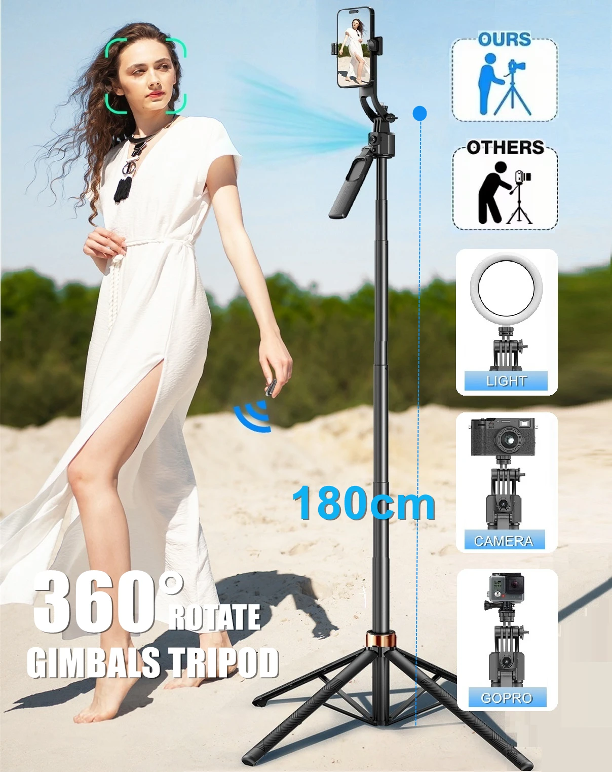 180cm/70.9in Portable GoPro Action Camera Phone Holder Stand Auto Facial Tracking Gimbals Stabilizers Mobile Selfie Stick Tripod