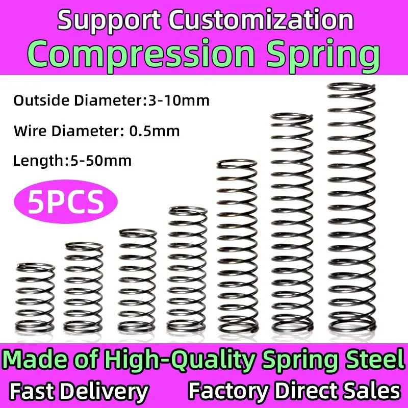 5PCS Kompression Schraubenfeder Rückholfeder Stahl Druckfedern Werkzeuge Drahtdurchmesser 0,5mm Außendurchmesser 3-10mm Länge 10-50mm