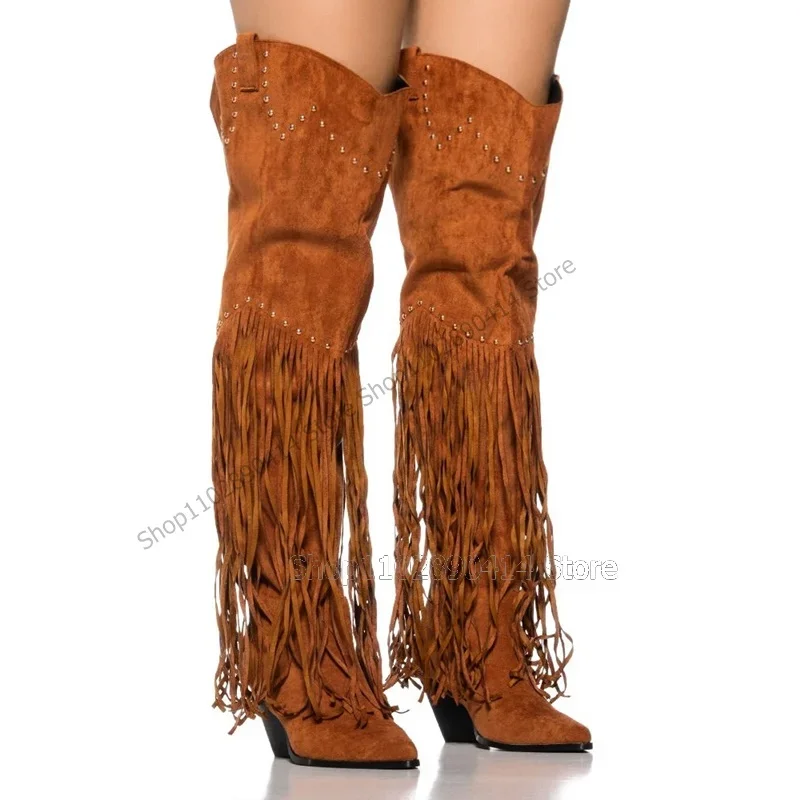 

Brown Tassels Rivets Decor Pointed Toe Boots Knee High Women Shoes Chunky Heels Fashion Party Runway 2023 Zapatos Para Mujere
