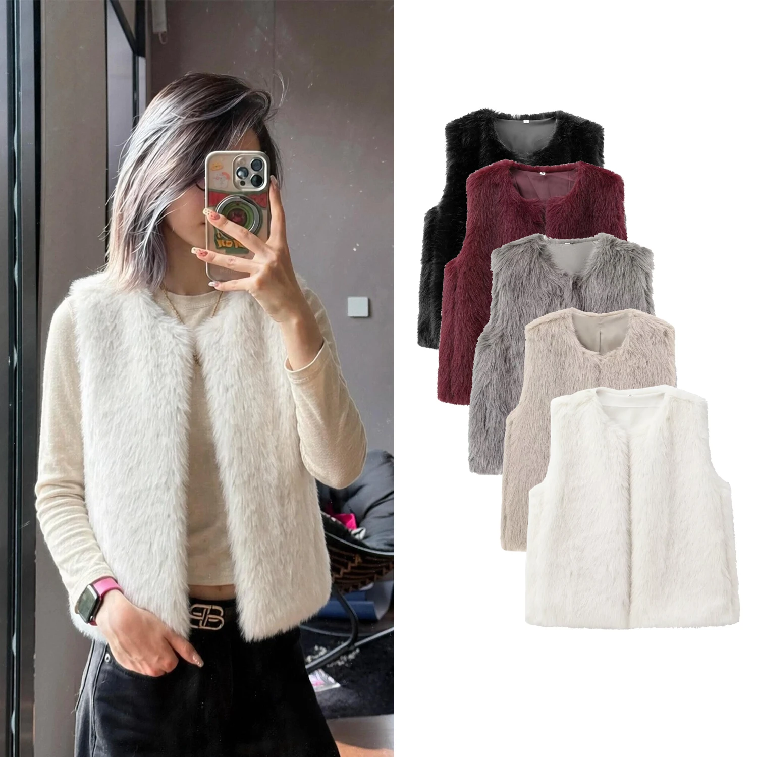 Women Solid Faux Fur Waistcoat 2026 Autumn Winter Female O-neck Simple Style Sleeveless Outwear Lady Casual Vest Jacket Coat