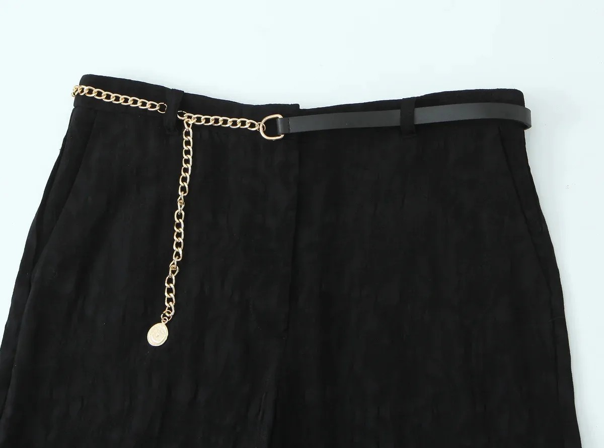 HH Women Elegant Pants Suit Pocket Single-breasted Long Sleeve Lapel Shoulder Pad Blazer Jacket+Zipper Chain Matching Pants