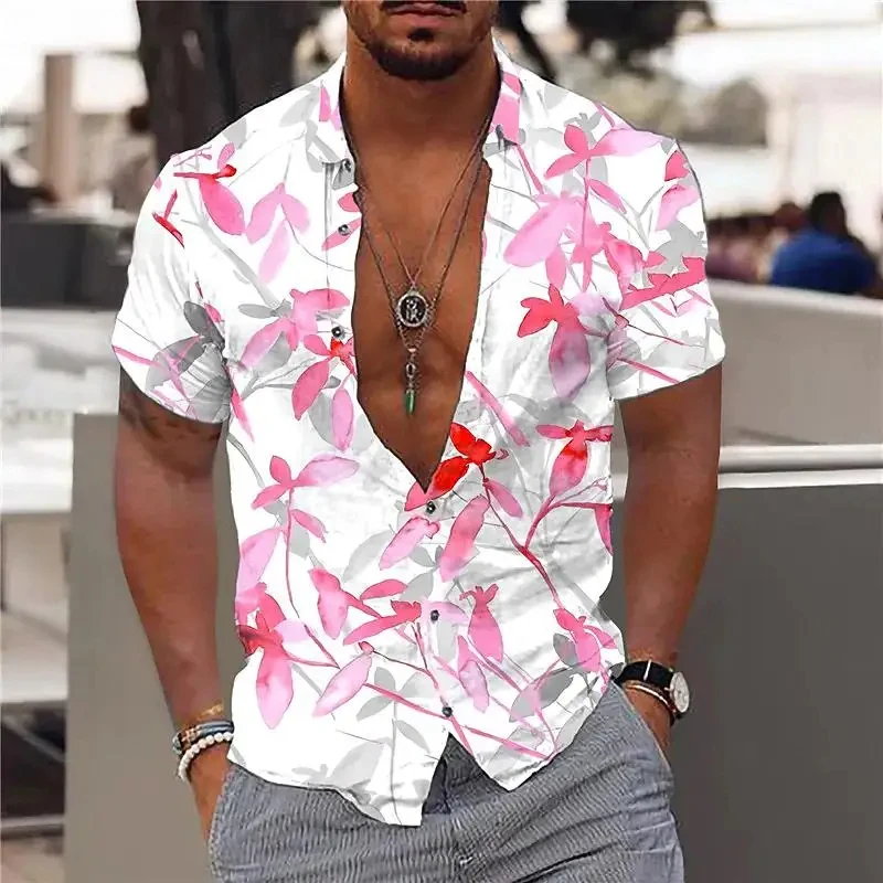 New Summer Men\'s Hawaiian Shirts Maple Leaf Print V-neck Shirts for Men Button-up Short Sleeve Tops Streetwear Trend Men Clothes